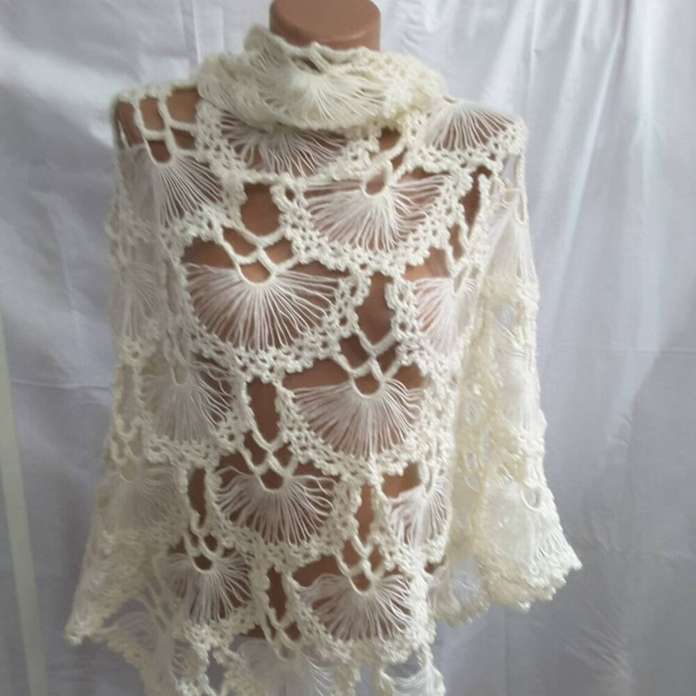 Handmade Crochet Lace Shawl Ivory Wrap